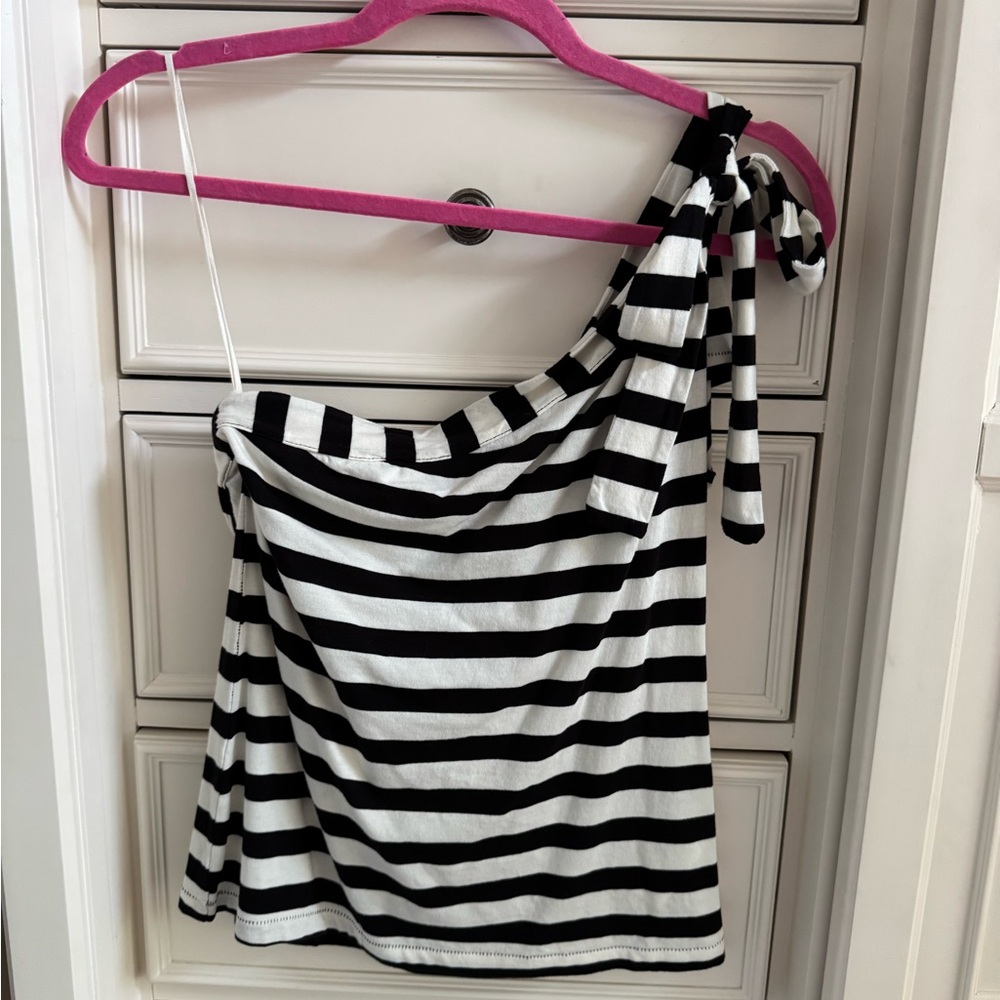 Black and White Striped One-Shoulder Top brand is Maeve from Anthropologie
